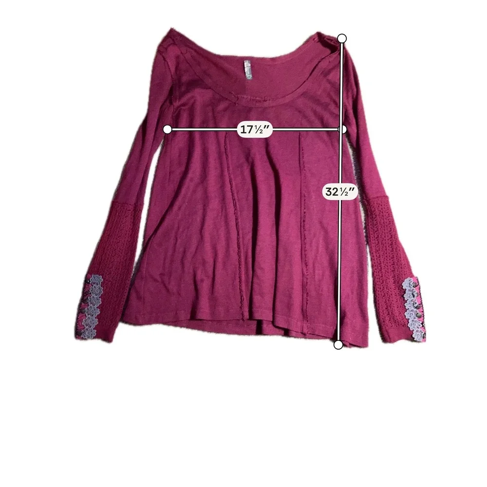 Free People Berry Wine Crochet Lace Trim Thermal Top Long Sleeve Women Medium